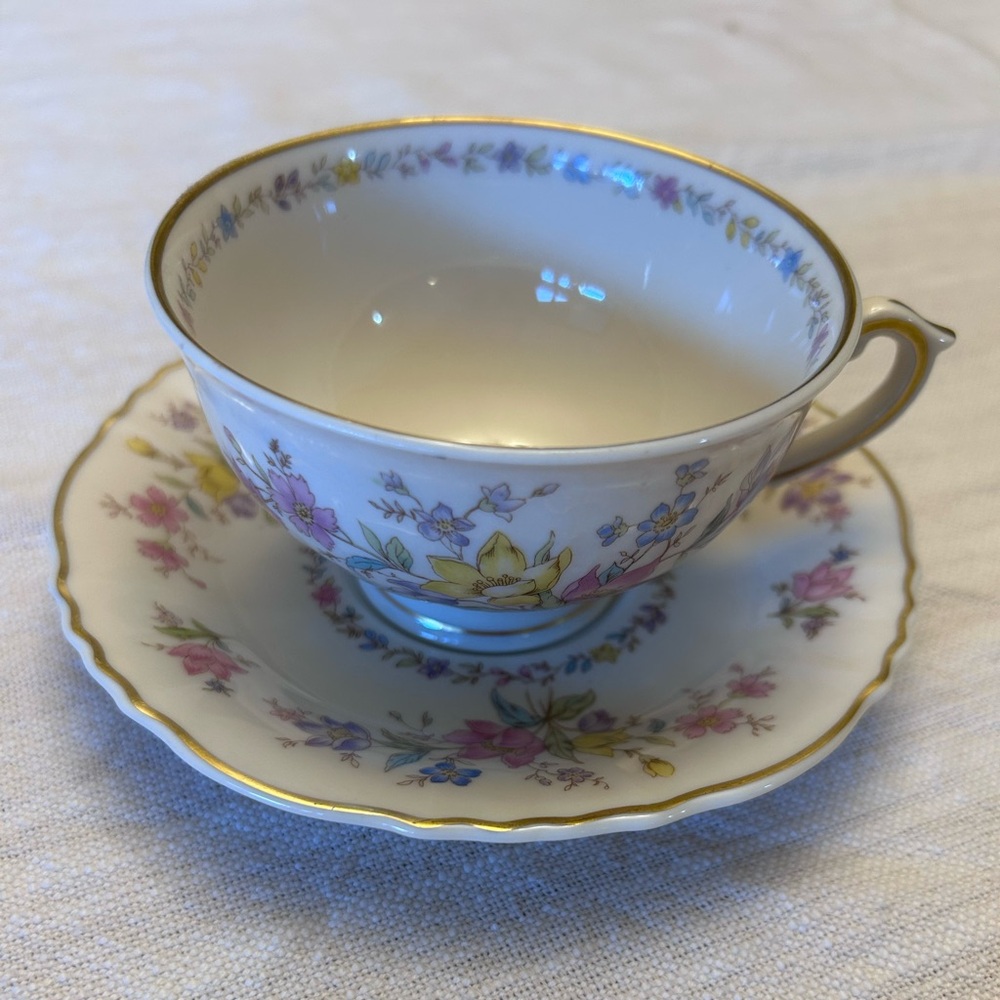 Vintage Federal Syracuse china tea cup and saucer in Briarcliff pattern.